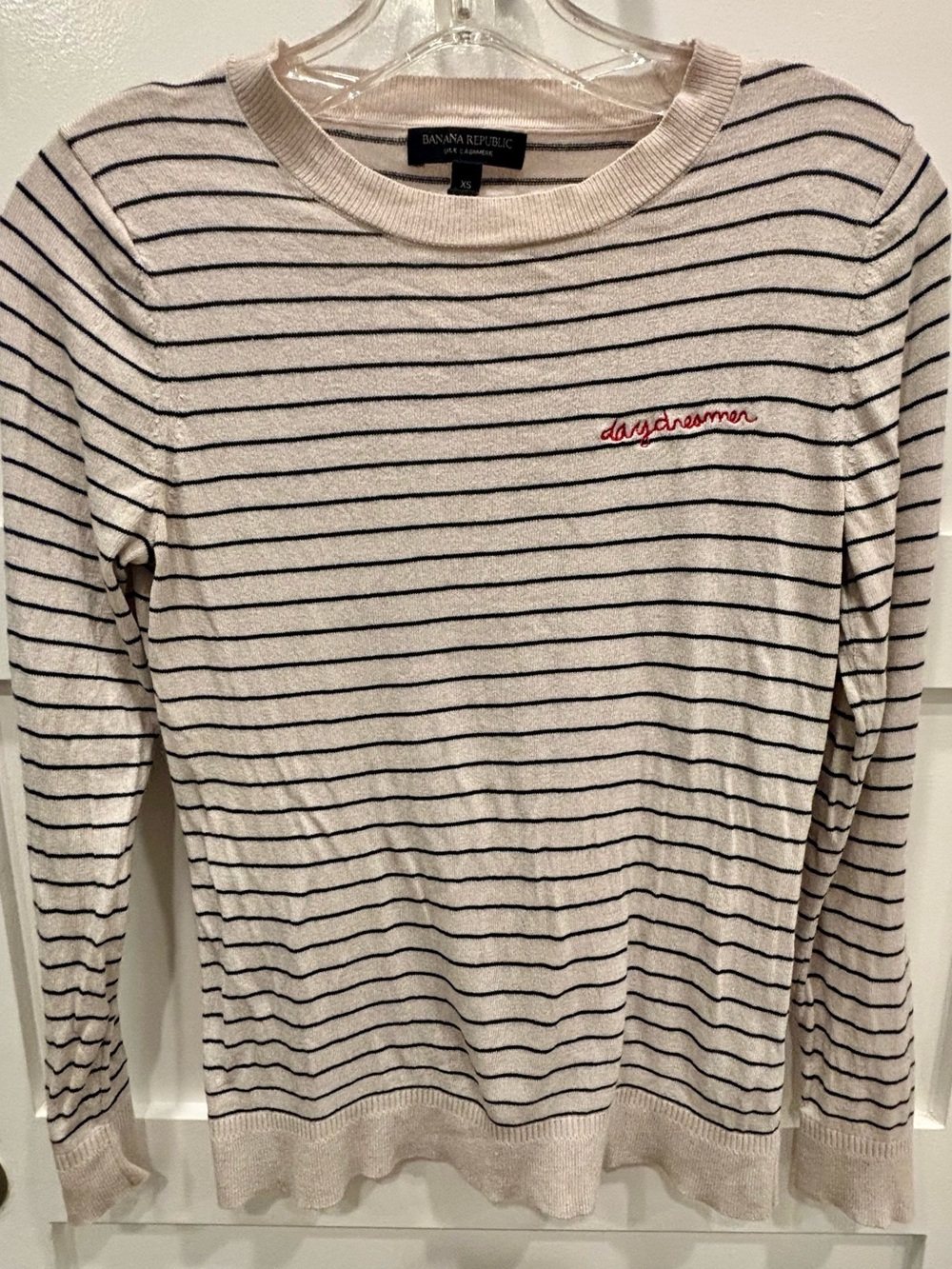 Banana Republic Silk CashmereCream Sweater w/Black Stripes and Red Embroidery